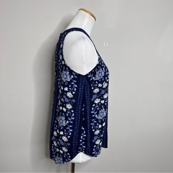 Old Navy Womens Size XS Blue Floral Tank Top Blouse High Neck Keyhole Button - Picture 3 of 9